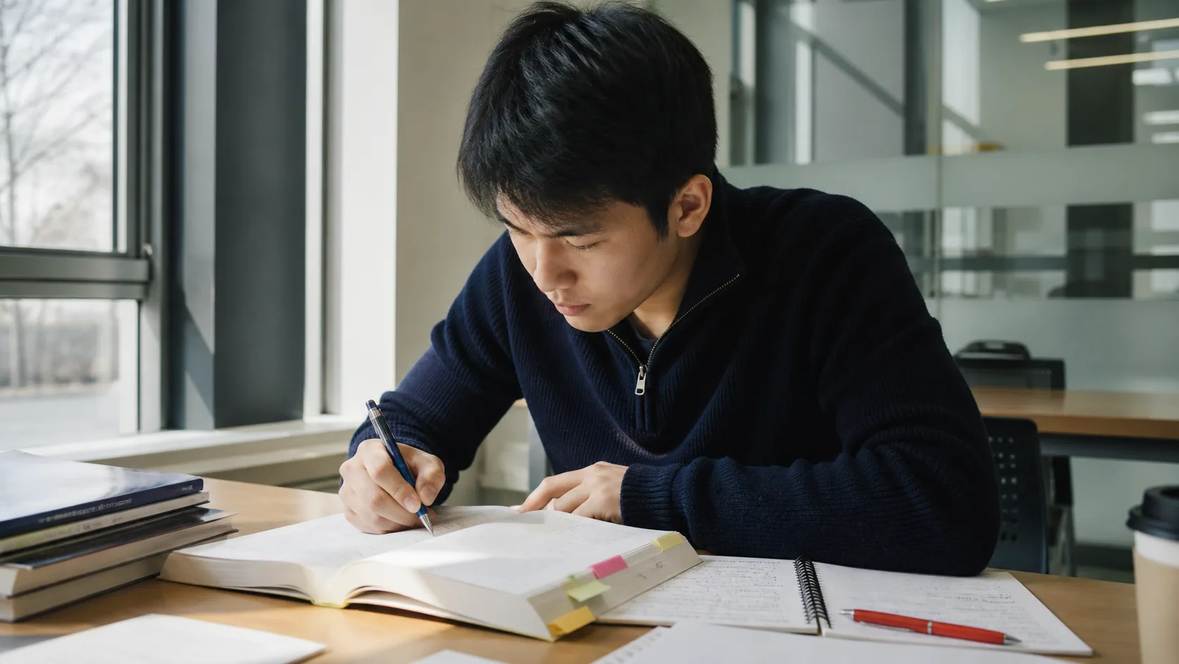 IELTS Reading matni ustida ishlayotgan talaba
