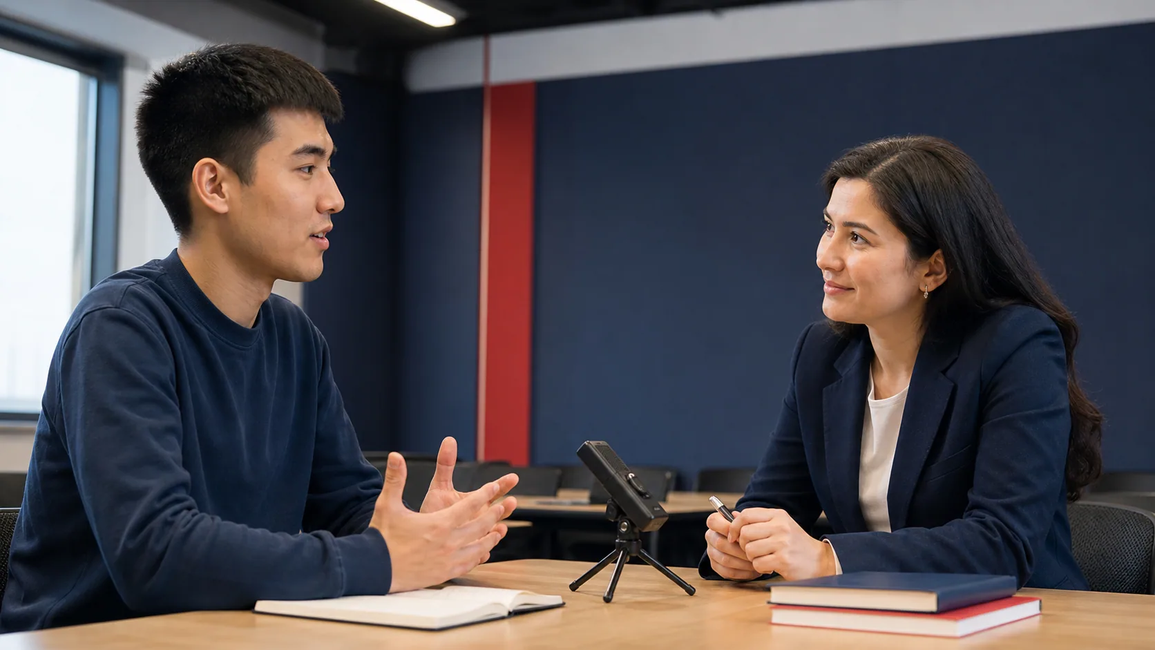 IELTS Speaking mashqida ustoz bilan suhbat qilayotgan talaba